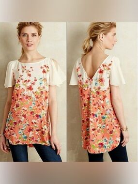 Maeve for Anthropologie Ludovica Silk Tunic with Floral Print, Medium